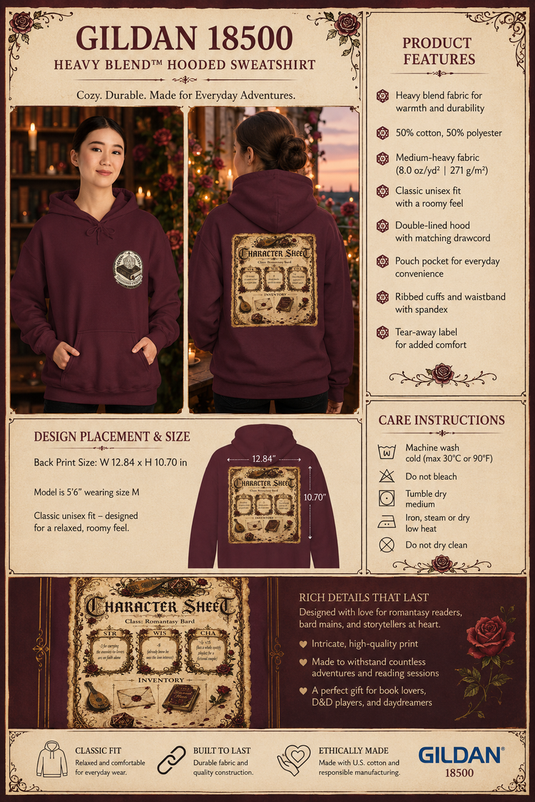 A product information sheet for the Gildan 18500 Heavy Blend hooded sweatshirt, featuring a model wearing the maroon hoodie, product features, design placement & size, care instructions, and a character sheet graphic.