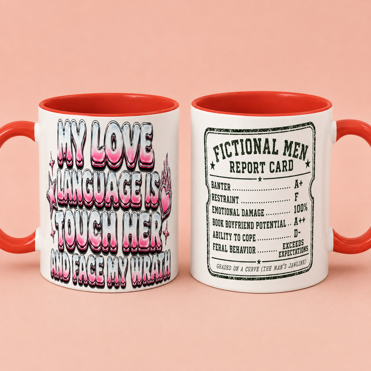 Two white ceramic mugs with red handles and interiors are shown side by side. The left mug has large pink, black, and white text reading &