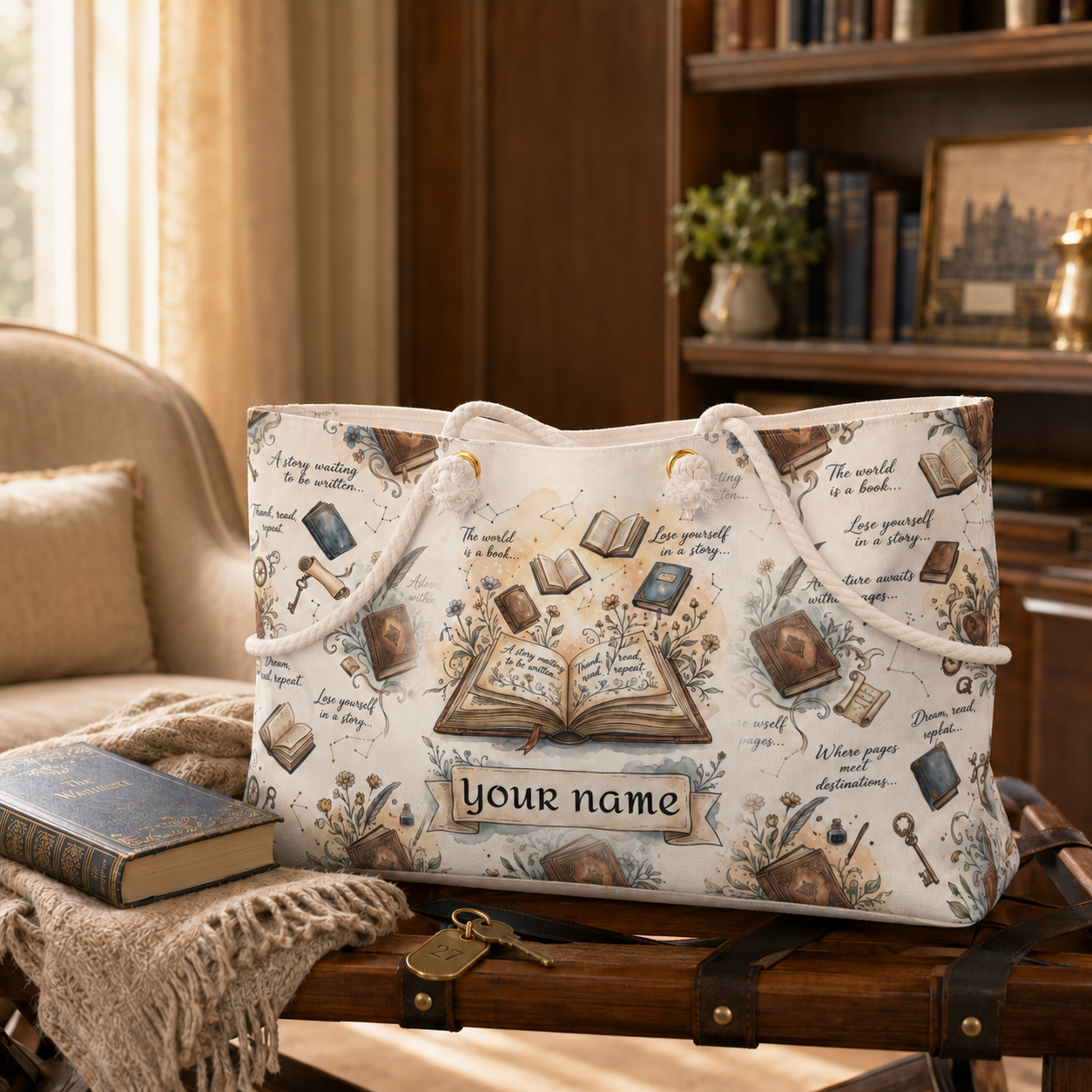 A cream-colored tote bag with a vintage book-themed print, featuring rope handles, a customizable name patch, and a central open book motif, displayed on a wooden trunk in a cozy, book-filled room.