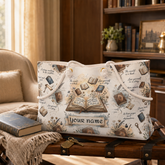 A cream-colored tote bag with a vintage book-themed print, featuring rope handles, a customizable name patch, and a central open book motif, displayed on a wooden trunk in a cozy, book-filled room.