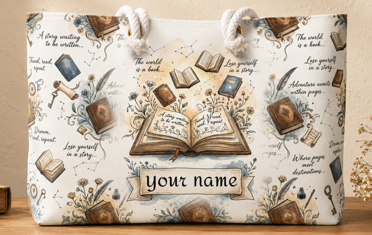 A tote bag with a vintage book-themed print, featuring an open book in the center, scattered old books, quills, and decorative text on a cream background. The bag has white rope handles and a banner that reads &