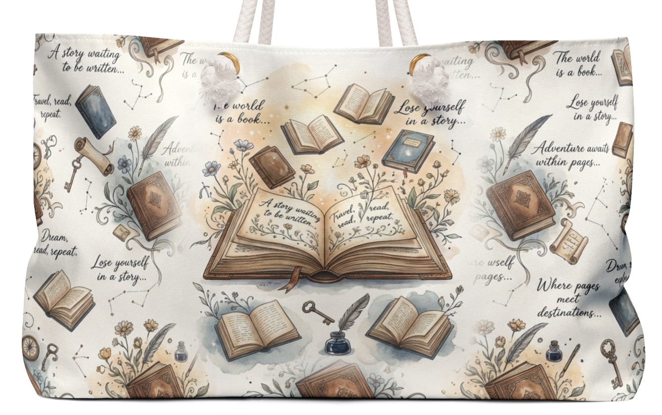 A tote bag featuring a vintage-style illustration print with an open book in the center, surrounded by scattered closed books, quills, ink bottles, keys, and decorative script text on a cream background.