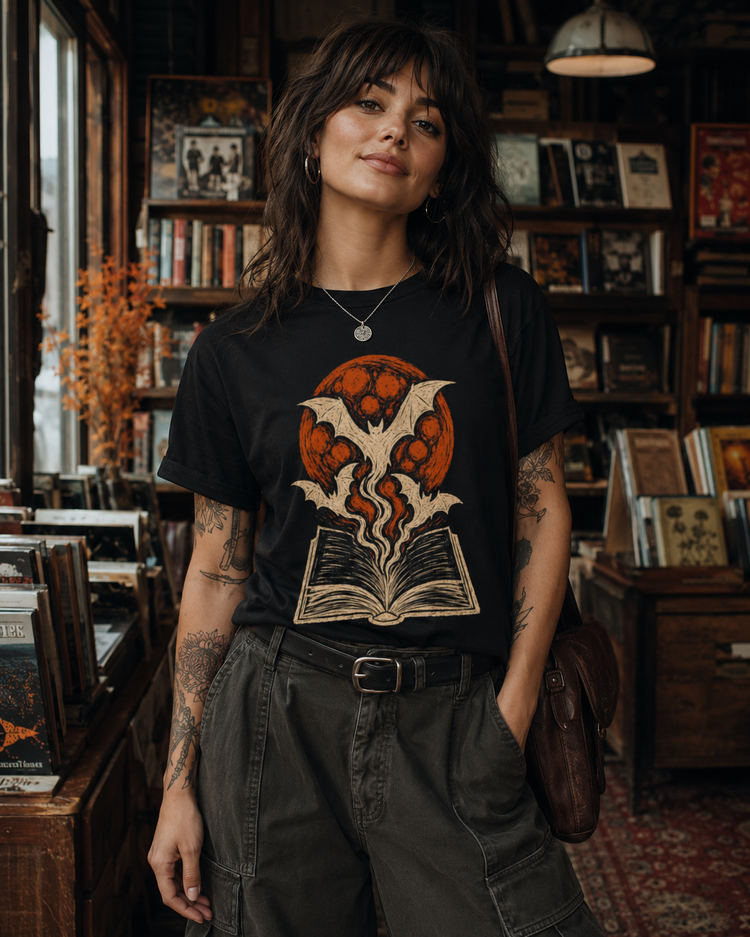A woman with dark hair and tattoos stands in a cozy, book-filled bookstore wearing a black graphic t-shirt with a bat and open book design, paired with dark gray cargo pants.