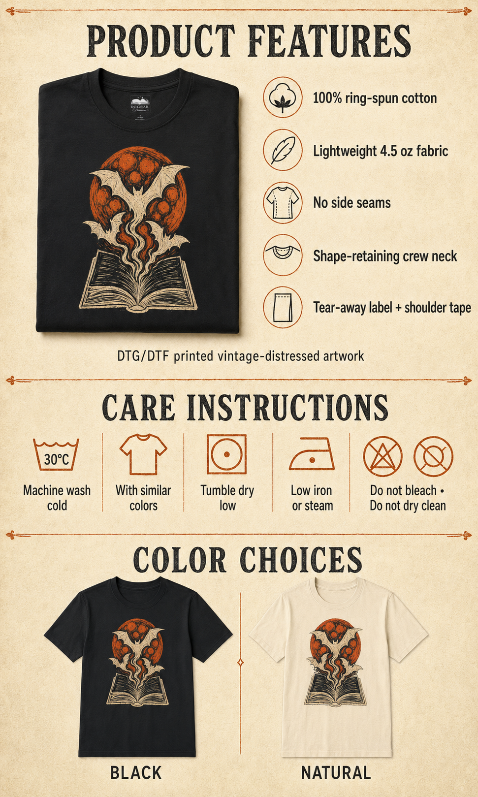 A product information graphic for a crew-neck T-shirt showing the front design, product features, care instructions, and color options. The shirt design is a vintage distressed print of a book with bats in orange, brown, and cream tones.