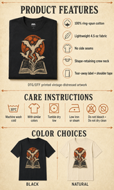 A product information graphic for a crew-neck T-shirt showing the front design, product features, care instructions, and color options. The shirt design is a vintage distressed print of a book with bats in orange, brown, and cream tones.