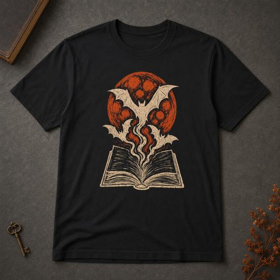 A black short-sleeve t-shirt laid flat on a dark gray textured surface, featuring a graphic print of a vampire bat rising from an open book in front of a red full moon. Decorative props including a vintage key and dried flowers are visible in the corners.