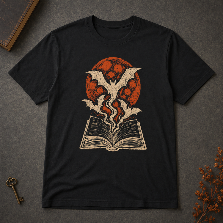 A black short-sleeve t-shirt laid flat on a dark gray textured surface, featuring a graphic print of a vampire bat rising from an open book in front of a red full moon. Decorative props including a vintage key and dried flowers are visible in the corners.
