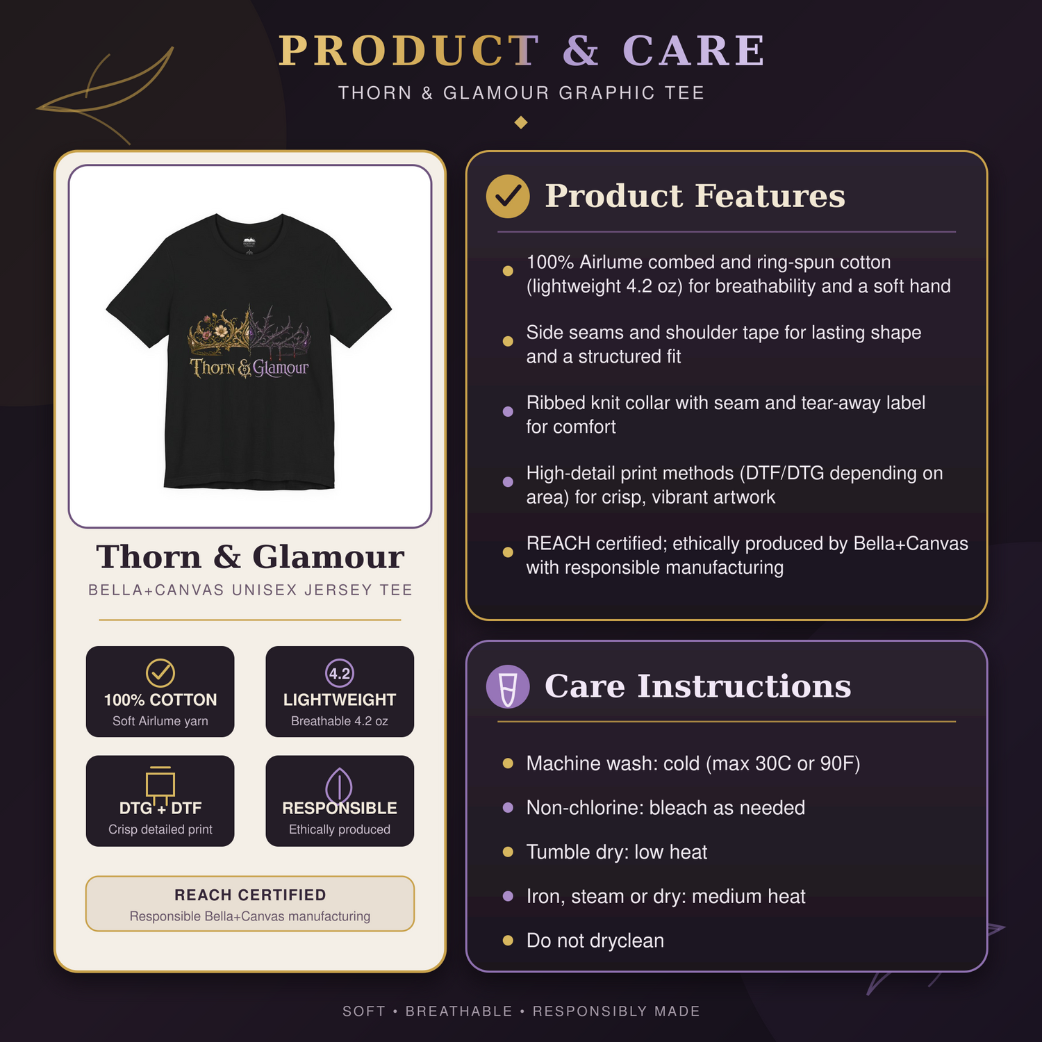 An informational product and care graphic for a black graphic T-shirt. The left panel shows the shirt with the visible &