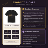 An informational product and care graphic for a black graphic T-shirt. The left panel shows the shirt with the visible &
