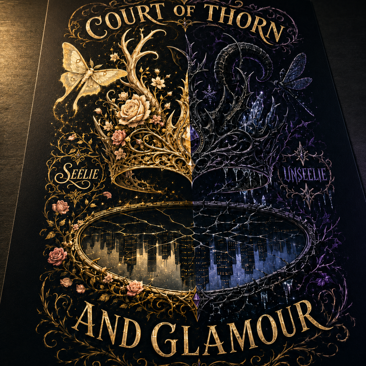 A square decorative print or poster featuring a split fantasy design with the text &