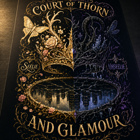A square decorative print or poster featuring a split fantasy design with the text &