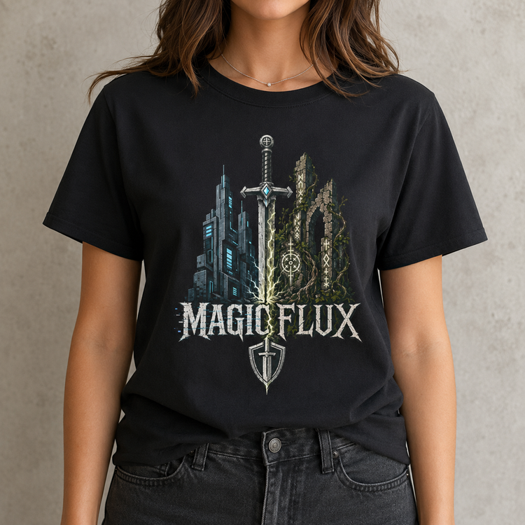 A woman wearing a black short-sleeve graphic T-shirt with a fantasy-style design featuring a sword, gothic architecture, and the text &