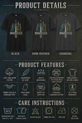 A dark-themed product details infographic for Magic Flux t-shirts, showing three color options (Black, Dark Heather, Charcoal) with a central graphic of a Sword and a fantasy cityscape. Below, product features and care instructions are listed with icons.