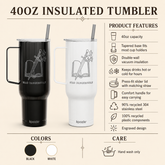 A promotional product graphic for a 40oz insulated tumbler in black and white, showing the product, product features, and care instructions on a beige background. The tumblers have a tapered base, double-wall vacuum insulation, a press-fit slider lid with a matching straw, and an engraved design of an open book with swords and the text &