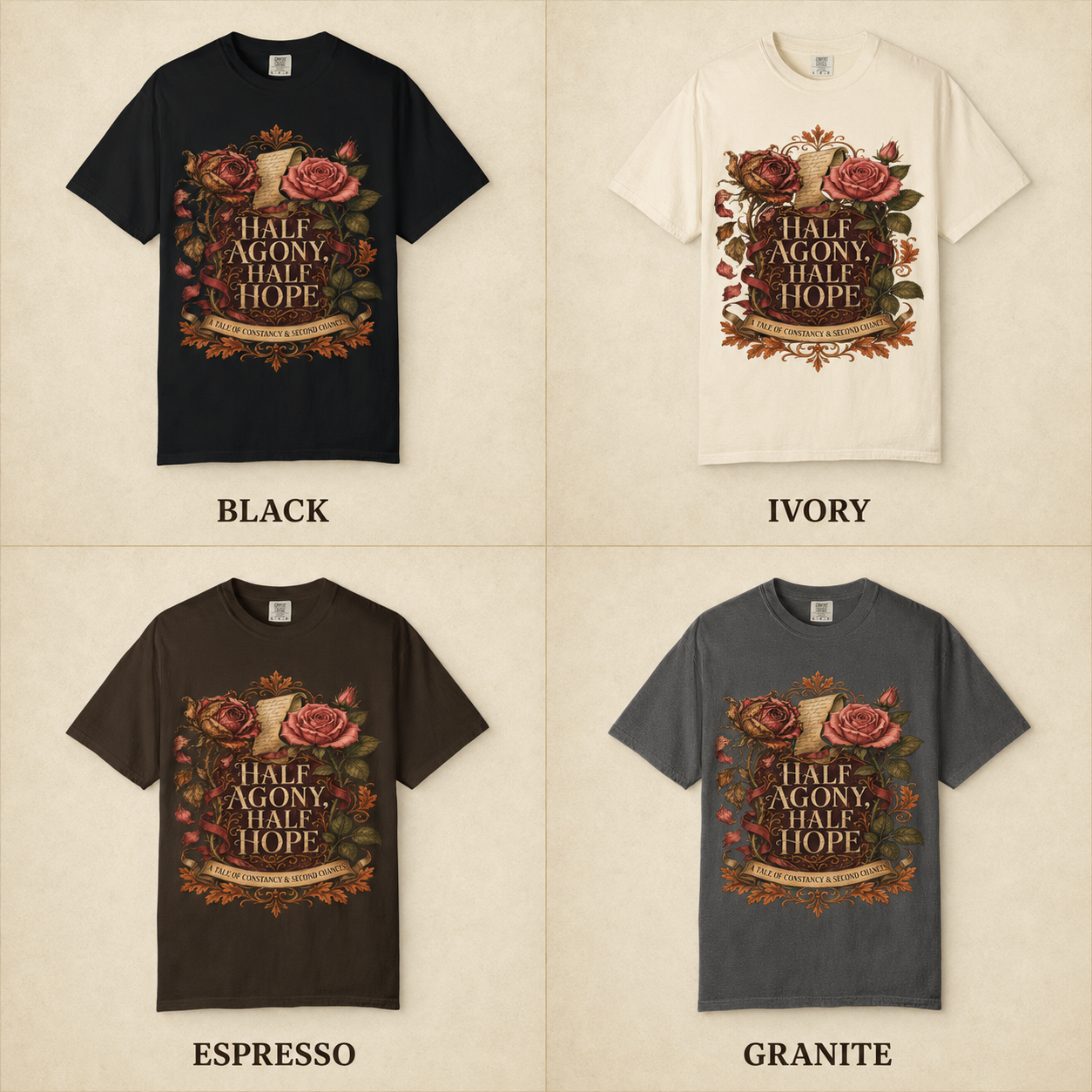 Four short-sleeve graphic T-shirts shown in a 2x2 grid on a beige textured background, labeled BLACK, IVORY, ESPRESSO, and GRANITE. Each shirt features a large vintage-style floral graphic with roses and the text &