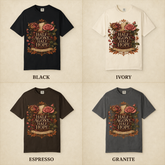 Four short-sleeve graphic T-shirts shown in a 2x2 grid on a beige textured background, labeled BLACK, IVORY, ESPRESSO, and GRANITE. Each shirt features a large vintage-style floral graphic with roses and the text &