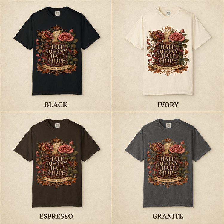 Four short-sleeve graphic T-shirts shown in a 2x2 grid on a beige textured background, labeled BLACK, IVORY, ESPRESSO, and GRANITE. Each shirt features a large vintage-style floral graphic with roses and the text &
