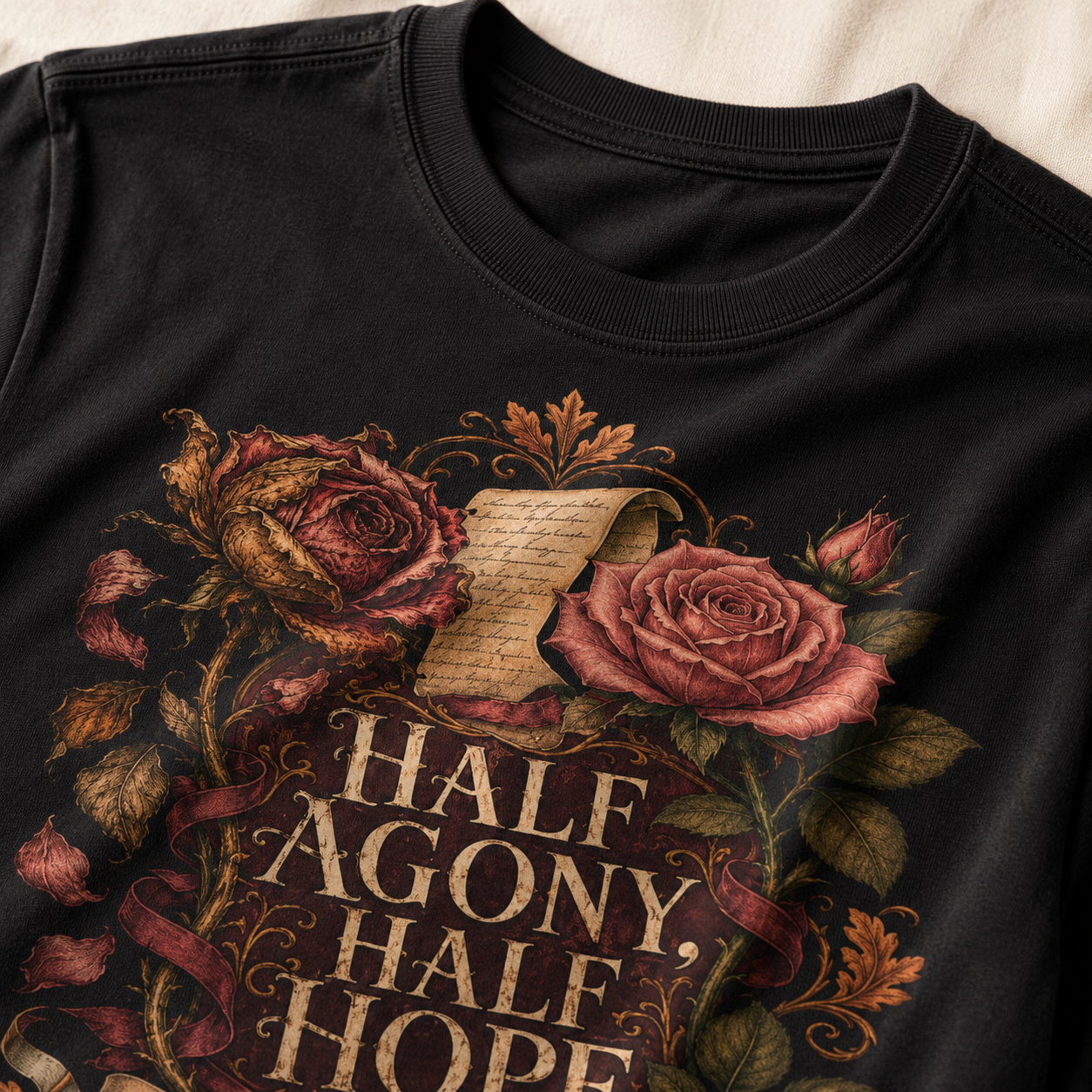 Close-up of a black crewneck t-shirt featuring a vintage-style graphic with roses, a scroll, and the text &
