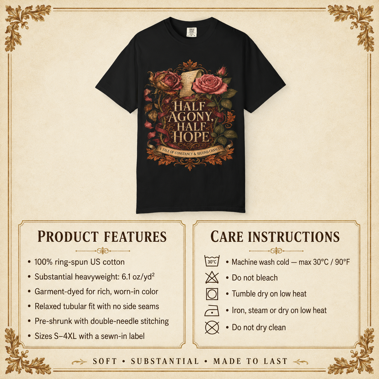 A black graphic T-shirt centered on a beige parchment-style background with decorative corner flourishes. The shirt features a large floral print with roses and a central label reading “HALF AGONY, HALF HOPE” 