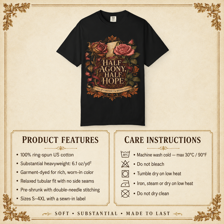 A black graphic T-shirt centered on a beige parchment-style background with decorative corner flourishes. The shirt features a large floral print with roses and a central label reading “HALF AGONY, HALF HOPE” 
