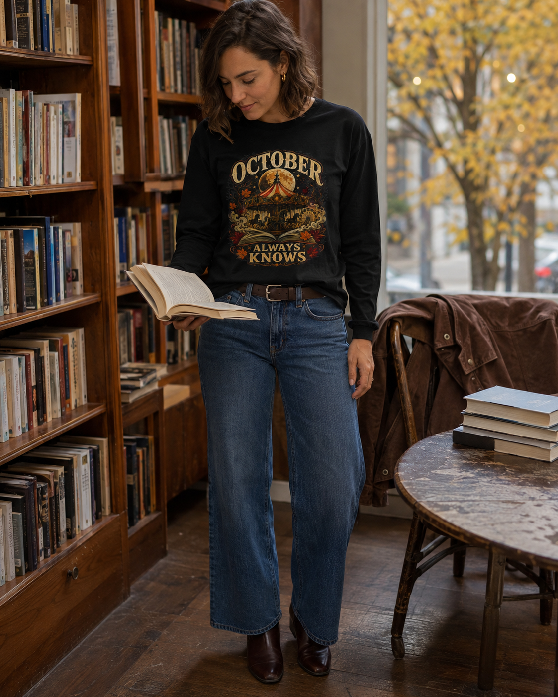 A woman stands in a cozy bookshop reading, wearing a black crewneck long-sleeved tee with a vintage-style graphic that reads &