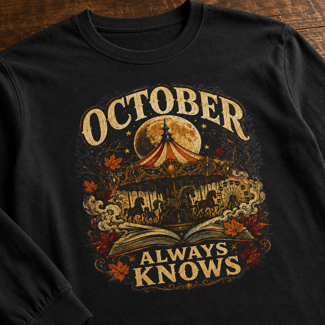A black long-sleeve t-shirt laid flat on a dark wood background, featuring a vintage-style graphic print with the words &