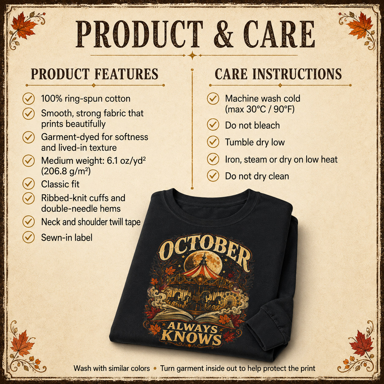 A product care and feature graphic for a black graphic T-shirt. The design shows the shirt with a large autumn-themed &