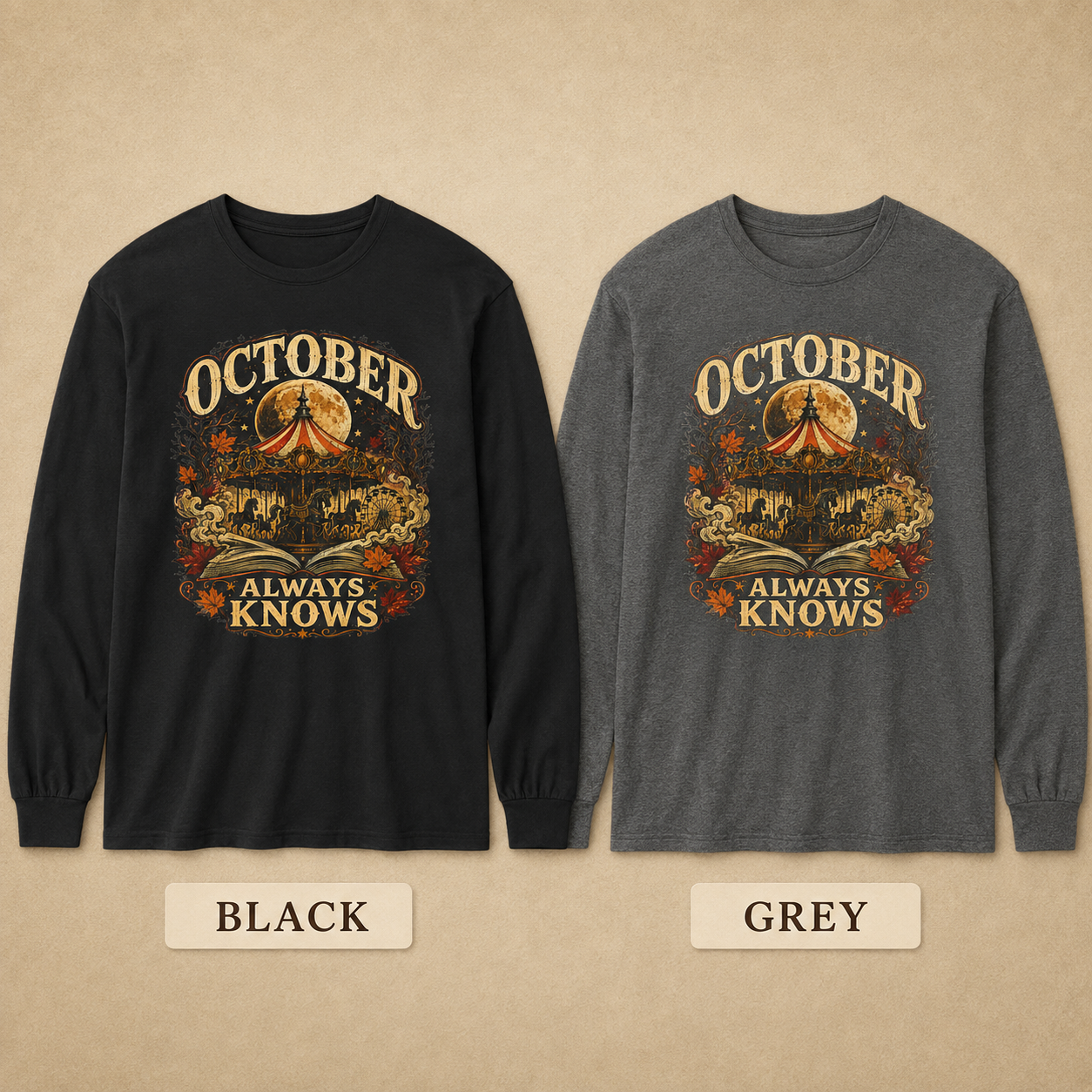 Two long-sleeve graphic shirts shown side by side on a beige textured background, labeled BLACK and GREY. Each shirt has a large vintage-style autumn graphic with the words &