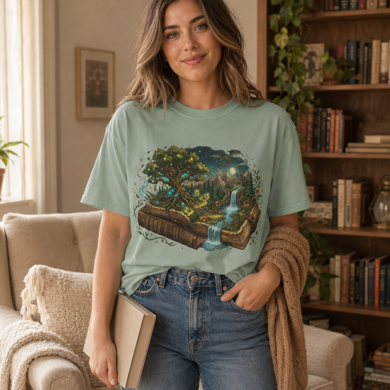 A woman wearing a sage green graphic t-shirt with a detailed fantasy forest and waterfall print on the front, paired with blue jeans in a cozy, book-filled living room setting.