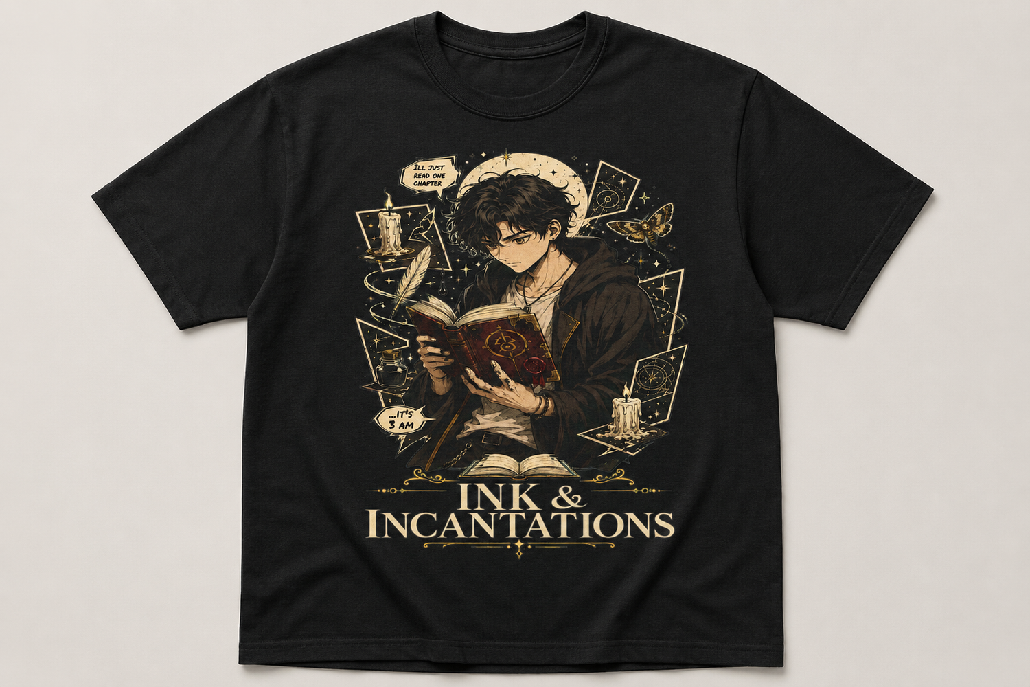 A black short-sleeve graphic t-shirt featuring an illustration of a young man reading a book surrounded by magical items, with the text &
