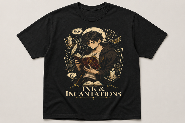 A black short-sleeve graphic t-shirt featuring an illustration of a young man reading a book surrounded by magical items, with the text &