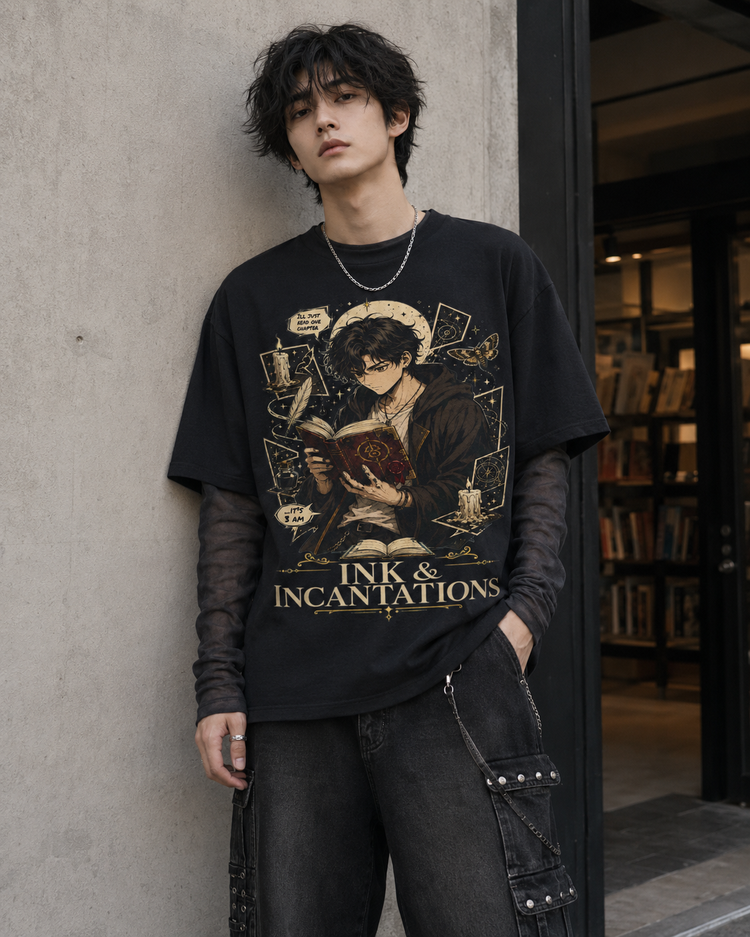 A model wearing a black graphic t-shirt with a gothic illustration and the text &