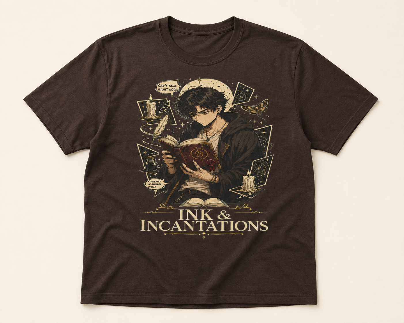 A dark brown short-sleeve t-shirt with a detailed fantasy graphic of a character reading a book, surrounded by magical symbols, with the text &