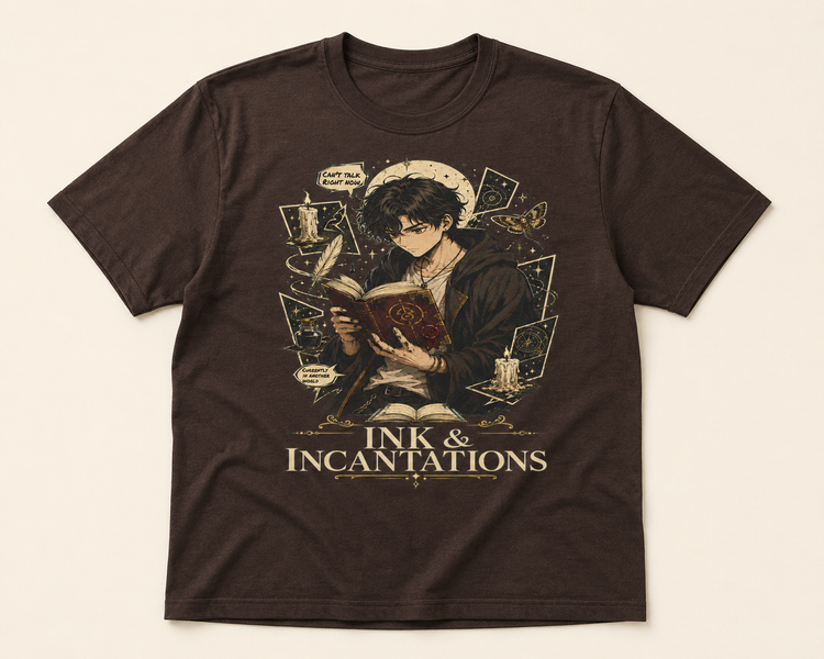 A dark brown short-sleeve t-shirt with a detailed fantasy graphic of a character reading a book, surrounded by magical symbols, with the text &