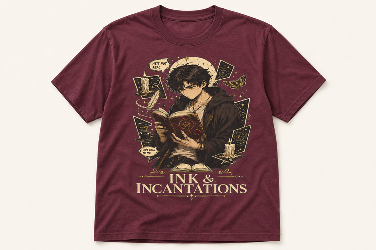 A maroon short-sleeve graphic t-shirt featuring an illustration of a young man reading a book surrounded by ink, quills, and cards, with the text &