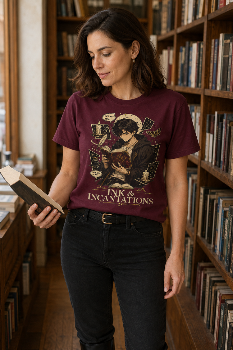 A woman standing in a book-filled library wearing a maroon graphic t-shirt with a gothic illustration and the text &