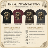 A product information graphic for Ink & Incantations t-shirts showing four color options: Black, Maroon, Dark Chocolate, and Dark Heather. The graphic includes product features and care instructions on an antique-style beige parchment background.