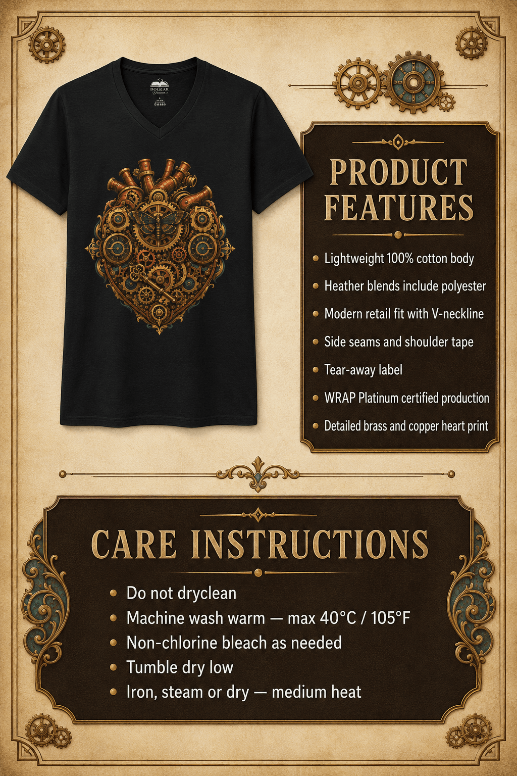 Clockwork Heart Steampunk V-Neck Graphic Tee - Dogear Dreams