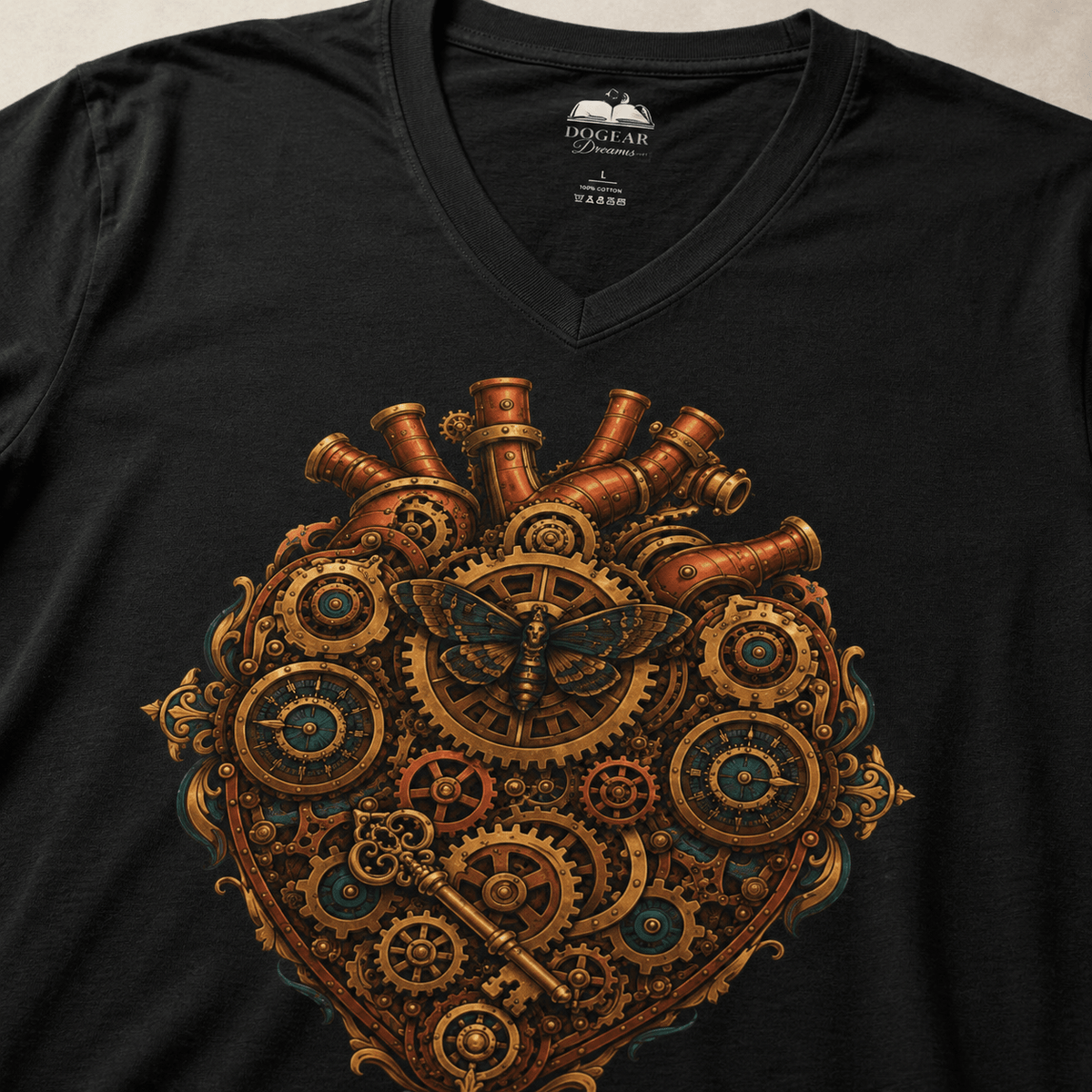 Clockwork Heart Steampunk V-Neck Graphic Tee - Dogear Dreams