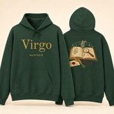A dark green hoodie shown from both front and back on a plain beige studio background. The front has the word "Virgo" in large gold lettering with smaller text below reading "Aug 23-Sep 22.