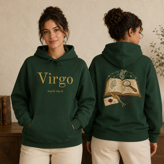 A woman modeling a dark green hoodie from the front and back in a cozy indoor setting. The front features the word &