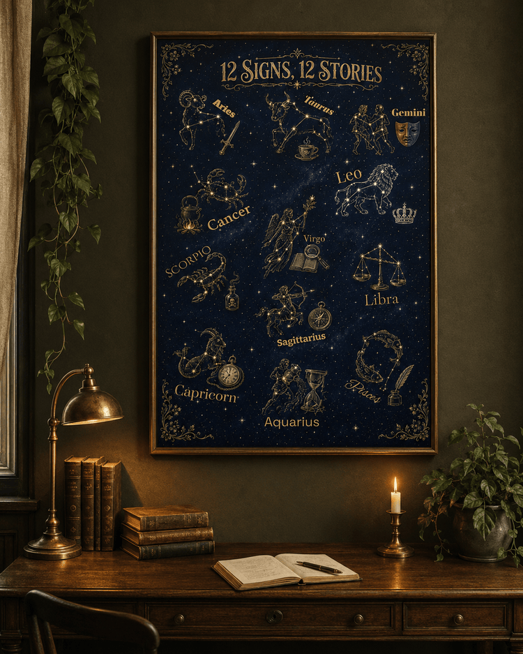 12 Signs, 12 Stories Zodiac Poster | Bookish Astrology Wall Art | Dogear Dreams - Dogear Dreams