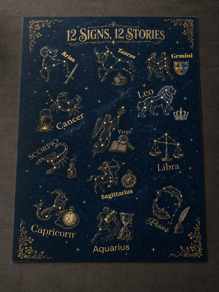 12 Signs, 12 Stories Zodiac Poster | Bookish Astrology Wall Art | Dogear Dreams - Dogear Dreams
