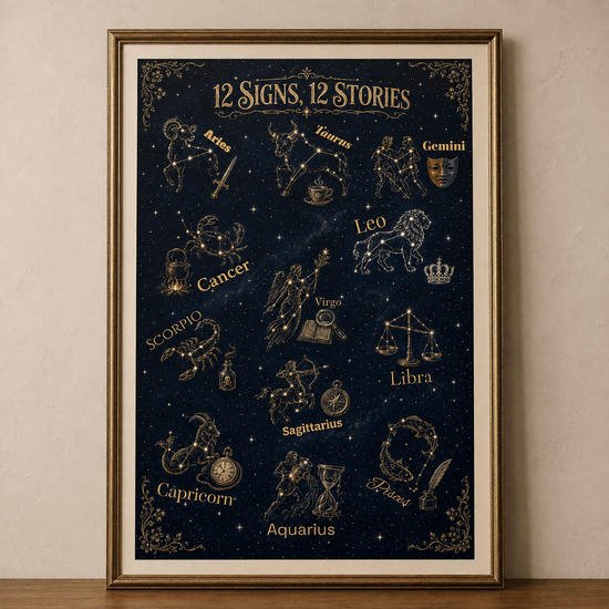 12 Signs, 12 Stories Zodiac Poster | Bookish Astrology Wall Art | Dogear Dreams - Dogear Dreams