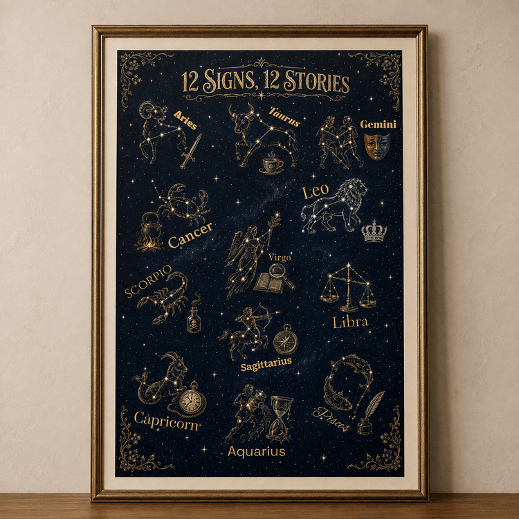 12 Signs, 12 Stories Zodiac Poster | Bookish Astrology Wall Art | Dogear Dreams - Dogear Dreams