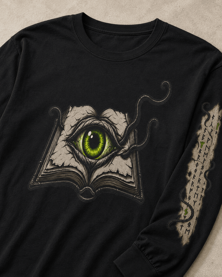 The Watching Book — Cosmic Horror Long Sleeve Tee | Gothic Academia Grimoire Shirt - Dogear Dreams