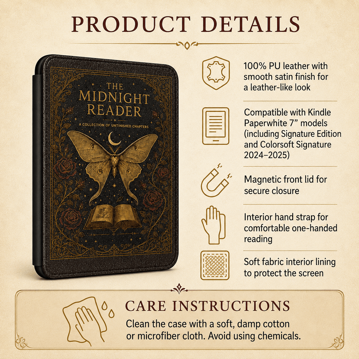 Dark Academia Kindle Case, Gothic Moth Book Cover, Vegan Leather E-Reader Sleeve, Witchy Reading Accessory, BookTok Gift, Midnight Reader - Dogear Dreams