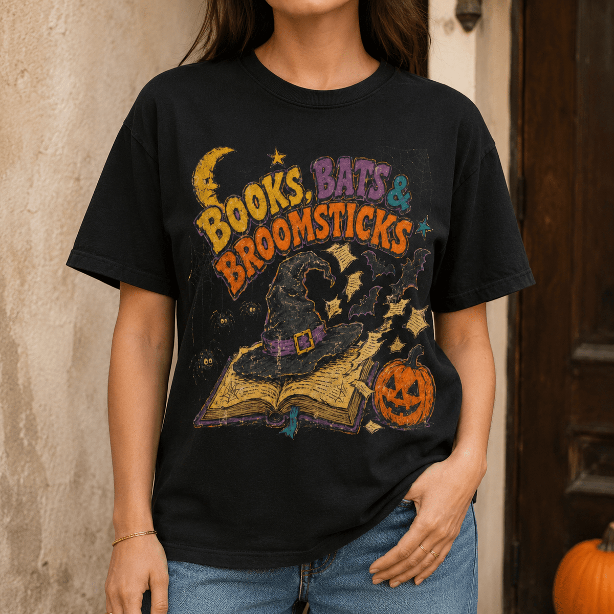 Books Bats & Broomsticks Halloween Tee - Retro 90s Witchy Vintage Bookish Shirt - Dogear Dreams
