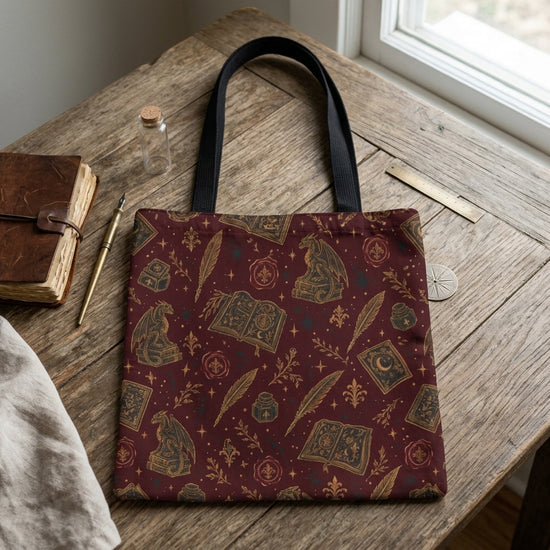 Dark Academia Tote Bag | Dragon Grimoire Book Print | Bookish AOP Canvas Tote | Gothic Fantasy Reader Bag | Romantasy Aesthetic Tote Bag