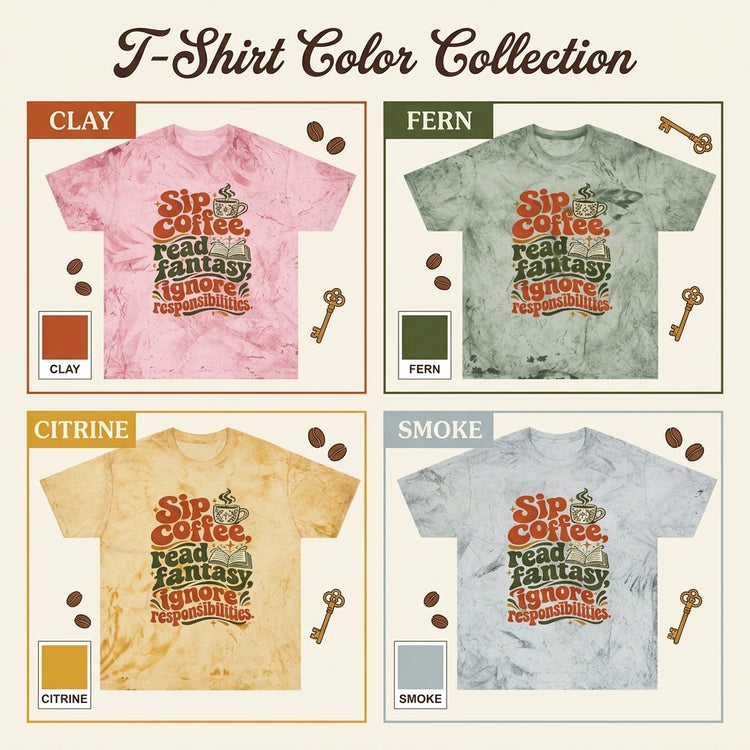 A T-shirt color collection graphic showing four tie-dye short-sleeve T-shirts arranged in a 2x2 grid under the heading &